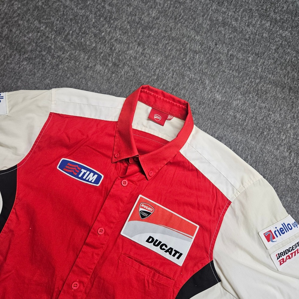 Ducati Racing Shirt Mens Medium Red White Sponsor Patches Pit Crew Button Down